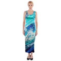 Tsunami Waves Ocean Sea Nautical Nature Water Painting Fitted Maxi Dress
