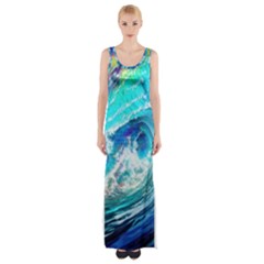 Tsunami Waves Ocean Sea Nautical Nature Water Painting Thigh Split Maxi Dress