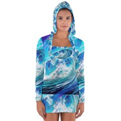 Tsunami Waves Ocean Sea Nautical Nature Water Painting Long Sleeve Hooded T-shirt