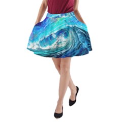 Tsunami Waves Ocean Sea Nautical Nature Water Painting A-line Pocket Skirt by Cowasu