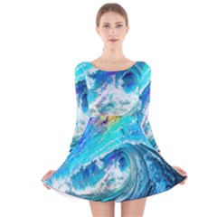 Tsunami Waves Ocean Sea Nautical Nature Water Painting Long Sleeve Velvet Skater Dress