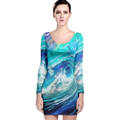 Tsunami Waves Ocean Sea Nautical Nature Water Painting Long Sleeve Velvet Bodycon Dress