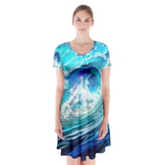 Tsunami Waves Ocean Sea Nautical Nature Water Painting Short Sleeve V-neck Flare Dress