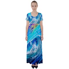 Tsunami Waves Ocean Sea Nautical Nature Water Painting High Waist Short Sleeve Maxi Dress