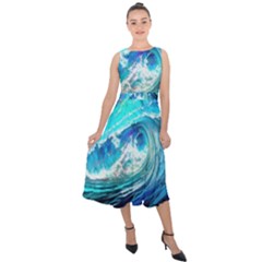 Tsunami Waves Ocean Sea Nautical Nature Water Painting Midi Tie-Back Chiffon Dress