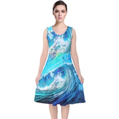 Tsunami Waves Ocean Sea Nautical Nature Water Painting V-Neck Midi Sleeveless Dress 