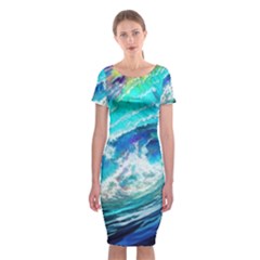 Tsunami Waves Ocean Sea Nautical Nature Water Painting Classic Short Sleeve Midi Dress
