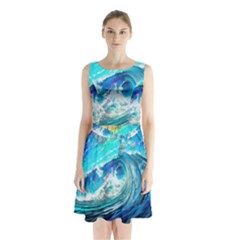Tsunami Waves Ocean Sea Nautical Nature Water Painting Sleeveless Waist Tie Chiffon Dress