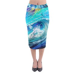 Tsunami Waves Ocean Sea Nautical Nature Water Painting Midi Pencil Skirt