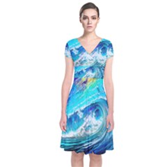 Tsunami Waves Ocean Sea Nautical Nature Water Painting Short Sleeve Front Wrap Dress