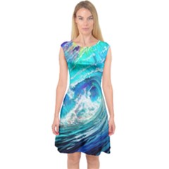 Tsunami Waves Ocean Sea Nautical Nature Water Painting Capsleeve Midi Dress
