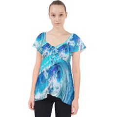 Tsunami Waves Ocean Sea Nautical Nature Water Painting Lace Front Dolly Top