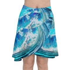 Tsunami Waves Ocean Sea Nautical Nature Water Painting Chiffon Wrap Front Skirt