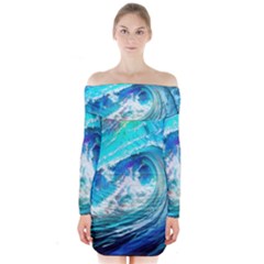 Tsunami Waves Ocean Sea Nautical Nature Water Painting Long Sleeve Off Shoulder Dress