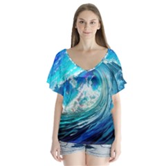 Tsunami Waves Ocean Sea Nautical Nature Water Painting V-Neck Flutter Sleeve Top