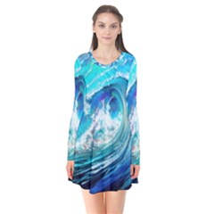 Tsunami Waves Ocean Sea Nautical Nature Water Painting Long Sleeve V-neck Flare Dress