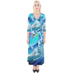Tsunami Waves Ocean Sea Nautical Nature Water Painting Quarter Sleeve Wrap Maxi Dress