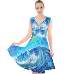 Tsunami Waves Ocean Sea Nautical Nature Water Painting Cap Sleeve Front Wrap Midi Dress by Cowasu