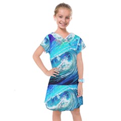 Tsunami Waves Ocean Sea Nautical Nature Water Painting Kids  Drop Waist Dress