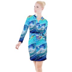 Tsunami Waves Ocean Sea Nautical Nature Water Painting Button Long Sleeve Dress