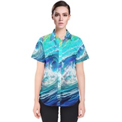 Tsunami Waves Ocean Sea Nautical Nature Water Painting Women s Short Sleeve Shirt