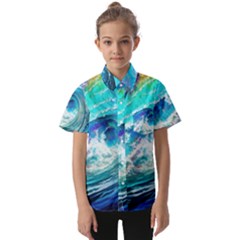 Tsunami Waves Ocean Sea Nautical Nature Water Painting Kids  Short Sleeve Shirt