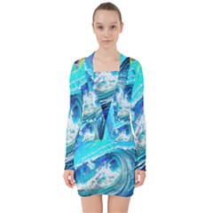 Tsunami Waves Ocean Sea Nautical Nature Water Painting V-neck Bodycon Long Sleeve Dress