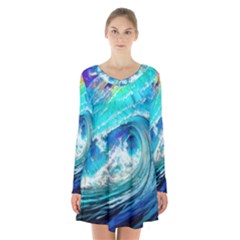 Tsunami Waves Ocean Sea Nautical Nature Water Painting Long Sleeve Velvet V-neck Dress