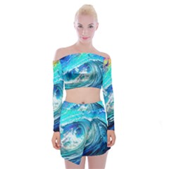 Tsunami Waves Ocean Sea Nautical Nature Water Painting Off Shoulder Top with Mini Skirt Set