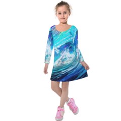 Tsunami Waves Ocean Sea Nautical Nature Water Painting Kids  Long Sleeve Velvet Dress
