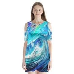 Tsunami Waves Ocean Sea Nautical Nature Water Painting Shoulder Cutout Velvet One Piece