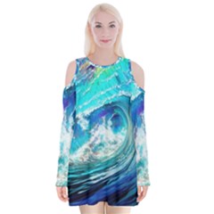 Tsunami Waves Ocean Sea Nautical Nature Water Painting Velvet Long Sleeve Shoulder Cutout Dress