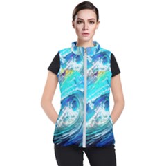 Tsunami Waves Ocean Sea Nautical Nature Water Painting Women s Puffer Vest