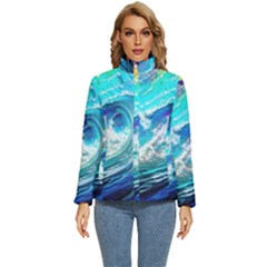 Tsunami Waves Ocean Sea Nautical Nature Water Painting Women s Puffer Bubble Jacket Coat