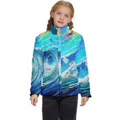 Tsunami Waves Ocean Sea Nautical Nature Water Painting Kids  Puffer Bubble Jacket Coat