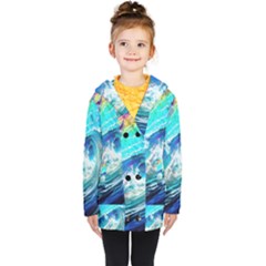Tsunami Waves Ocean Sea Nautical Nature Water Painting Kids  Double Breasted Button Coat