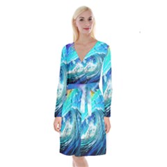 Tsunami Waves Ocean Sea Nautical Nature Water Painting Long Sleeve Velvet Front Wrap Dress