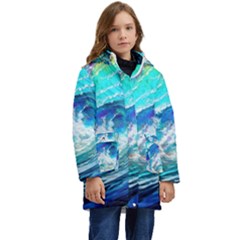 Tsunami Waves Ocean Sea Nautical Nature Water Painting Kids  Hooded Longline Puffer Jacket