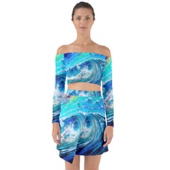 Tsunami Waves Ocean Sea Nautical Nature Water Painting Off Shoulder Top With Skirt Set