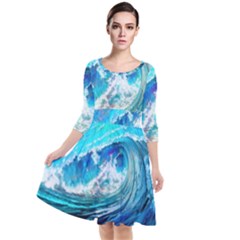 Tsunami Waves Ocean Sea Nautical Nature Water Painting Quarter Sleeve Waist Band Dress