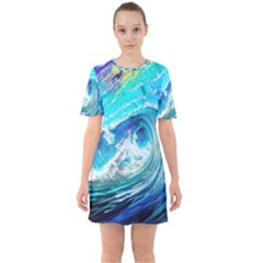 Tsunami Waves Ocean Sea Nautical Nature Water Painting Sixties Short Sleeve Mini Dress