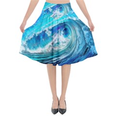 Tsunami Waves Ocean Sea Nautical Nature Water Painting Flared Midi Skirt