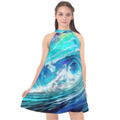 Tsunami Waves Ocean Sea Nautical Nature Water Painting Halter Neckline Chiffon Dress 