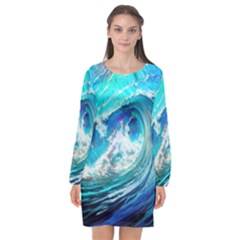 Tsunami Waves Ocean Sea Nautical Nature Water Painting Long Sleeve Chiffon Shift Dress 