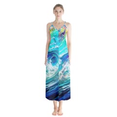 Tsunami Waves Ocean Sea Nautical Nature Water Painting Button Up Chiffon Maxi Dress