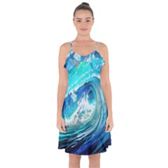 Tsunami Waves Ocean Sea Nautical Nature Water Painting Ruffle Detail Chiffon Dress