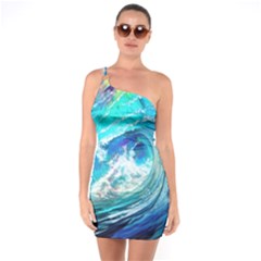 Tsunami Waves Ocean Sea Nautical Nature Water Painting One Shoulder Ring Trim Bodycon Dress