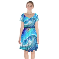 Tsunami Waves Ocean Sea Nautical Nature Water Painting Short Sleeve Bardot Dress