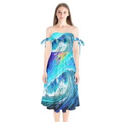 Tsunami Waves Ocean Sea Nautical Nature Water Painting Shoulder Tie Bardot Midi Dress