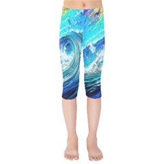 Tsunami Waves Ocean Sea Nautical Nature Water Painting Kids  Capri Leggings 